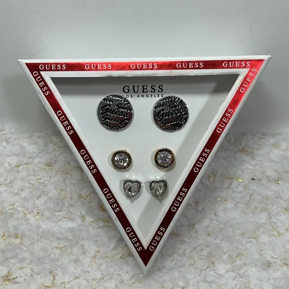 GUESS Los Angeles Silver‎ Gold Tone Crystal Heart Logo Stud Earring Set 3 Pairs